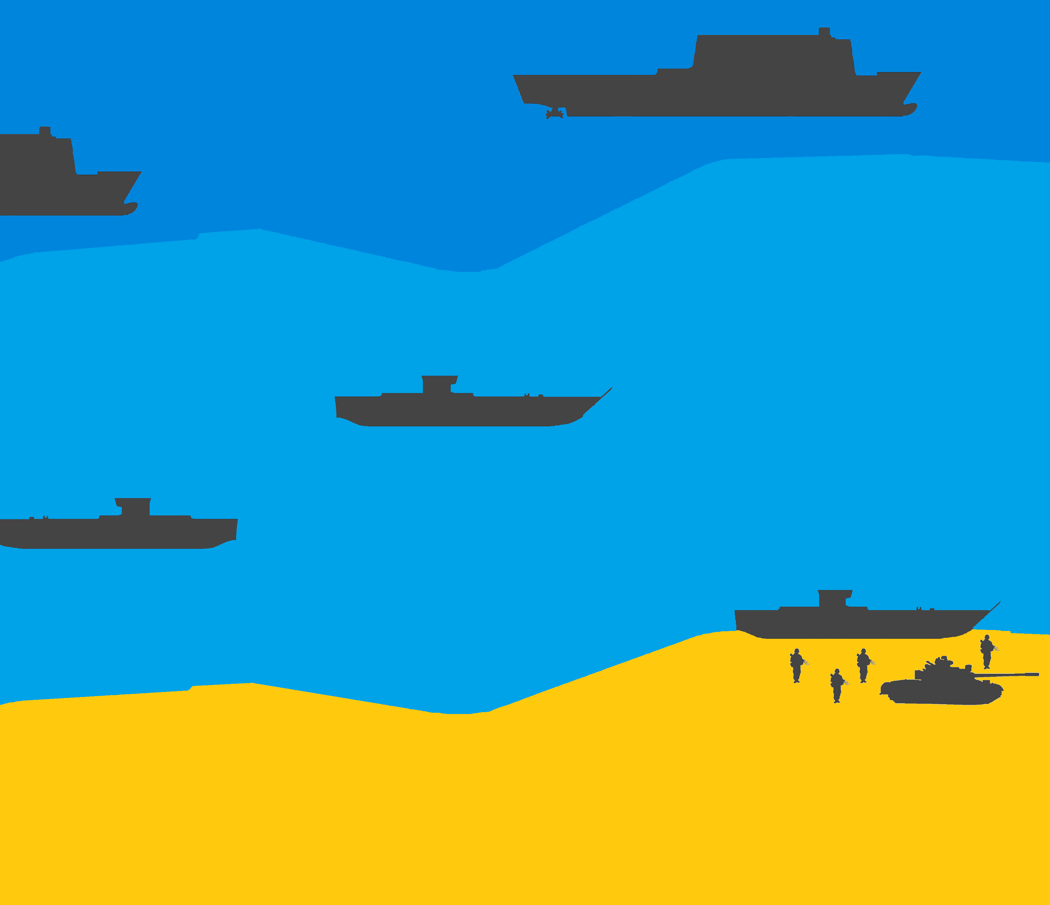 A diagram explaining the Ship-to-Shore problem by showing military ships on the sea and units and military equipment on land