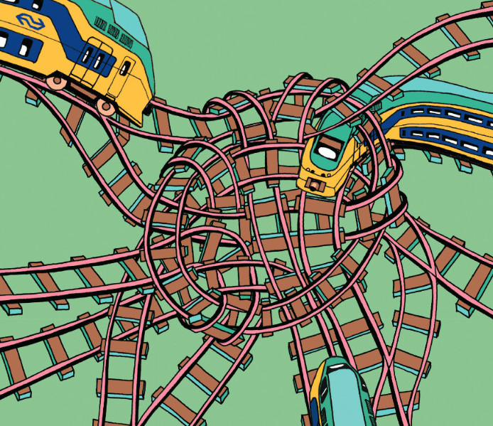 Trains and railroad tracks in a knot. From the front cover of Rolf's PhD thesis