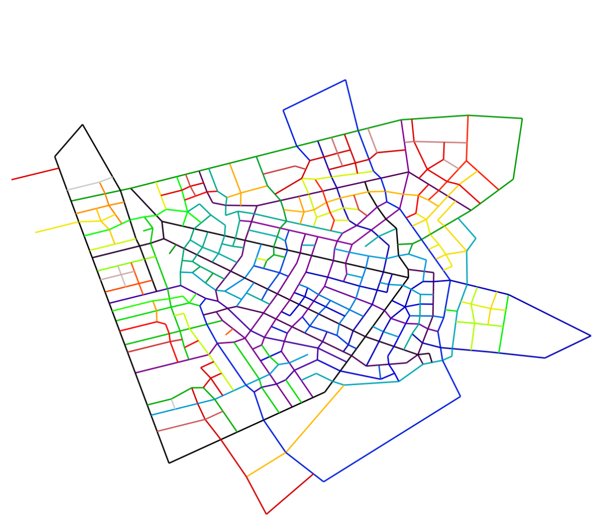 A colored road network generated by simulation